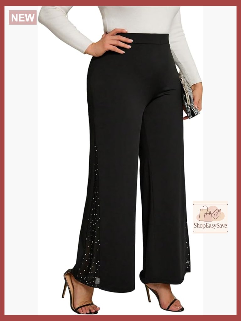 Plus Size Rhinestone Wide Leg Flare Pants High Waisted Trousers Elegant